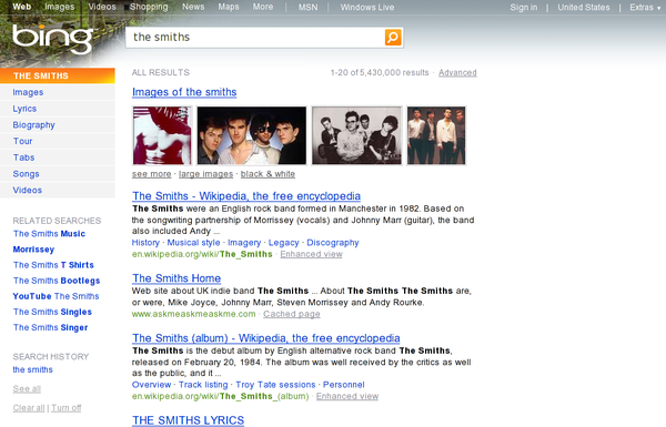 La ricerca per gli Smiths in Bing