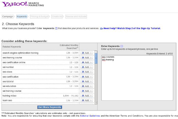 Strumento Yahoo Search Marketing per le parole chiave