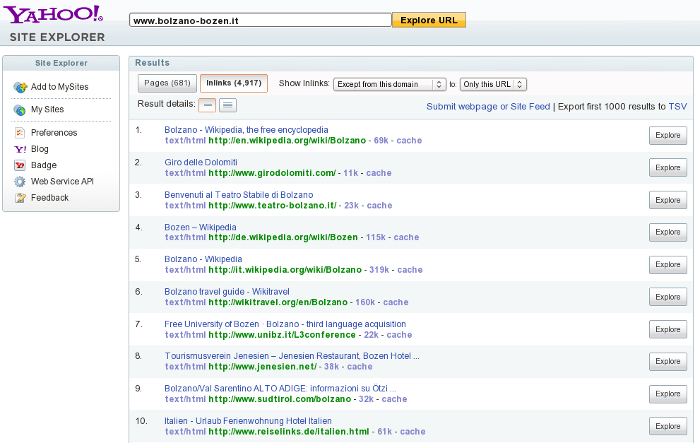 Yahoo Site Explorer